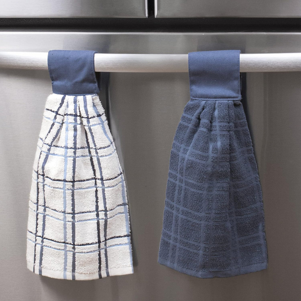 Ritz Premium 100% Cotton Solid and Multi Check Kitchen Tie Towel Absorbent, Super Soft, and Fast Drying Hang Towel, Set of Three, Federal Blue