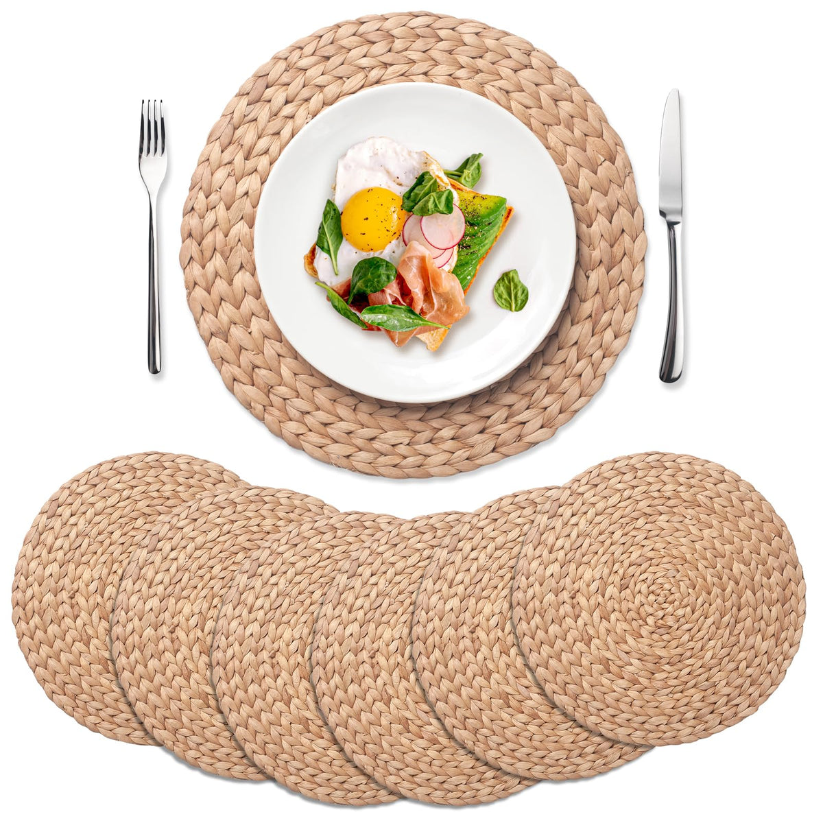 6 Pack, Round Woven Placemats, Natural Water Hyacinth Wicker Place mats, Braided Straw Table Mats, Charger Plates for Dining Table, Fall, Thanksgiving, Christmas (13.8 inch)