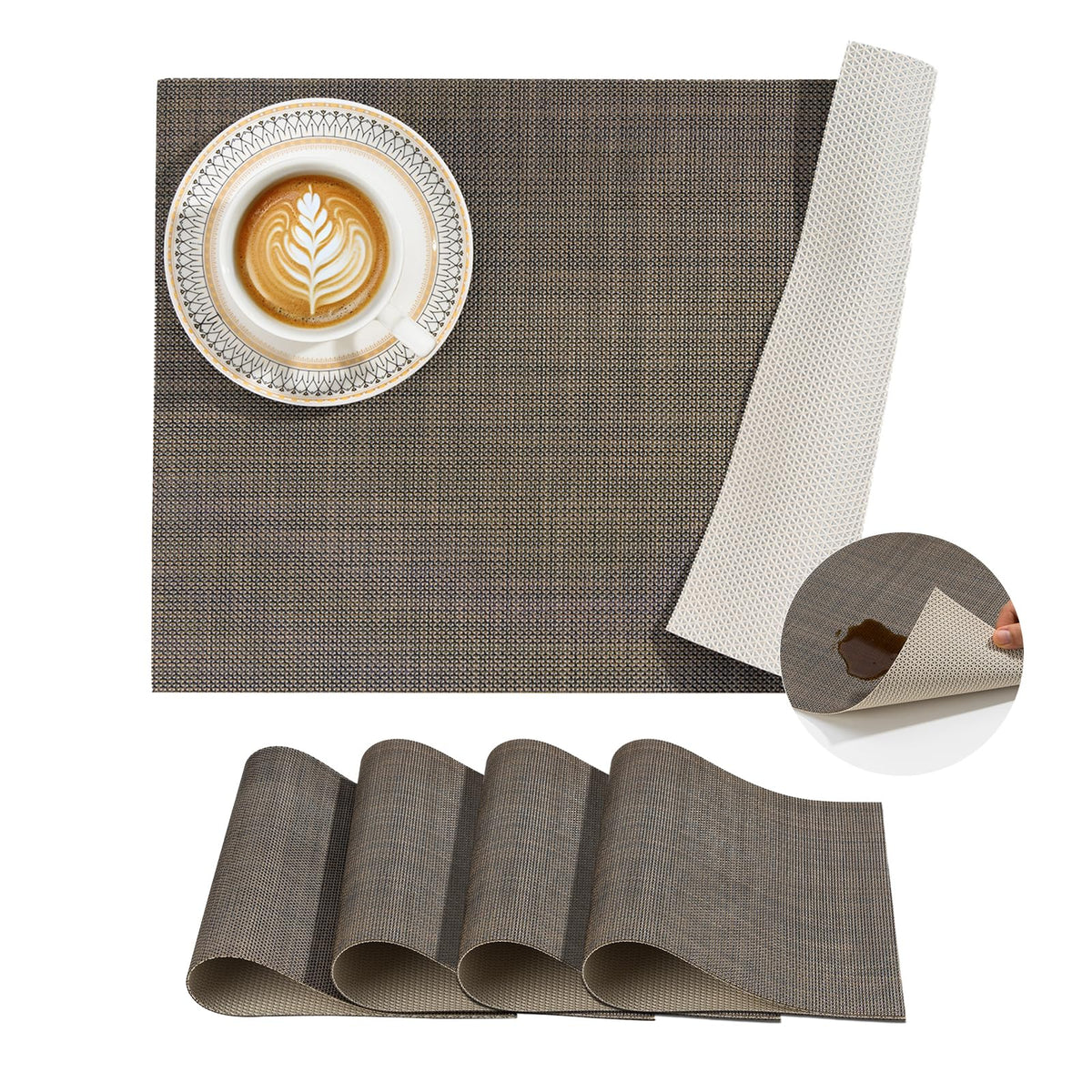 BACKTOEDEN Leakproof Placemats Set of 6, 2-Layer Waterproof placemat for No More Stains, Heat-Resistant Easy Clean Vinyl Table Place Mats for Kitchen Dining Indoor Outdoor, Beige