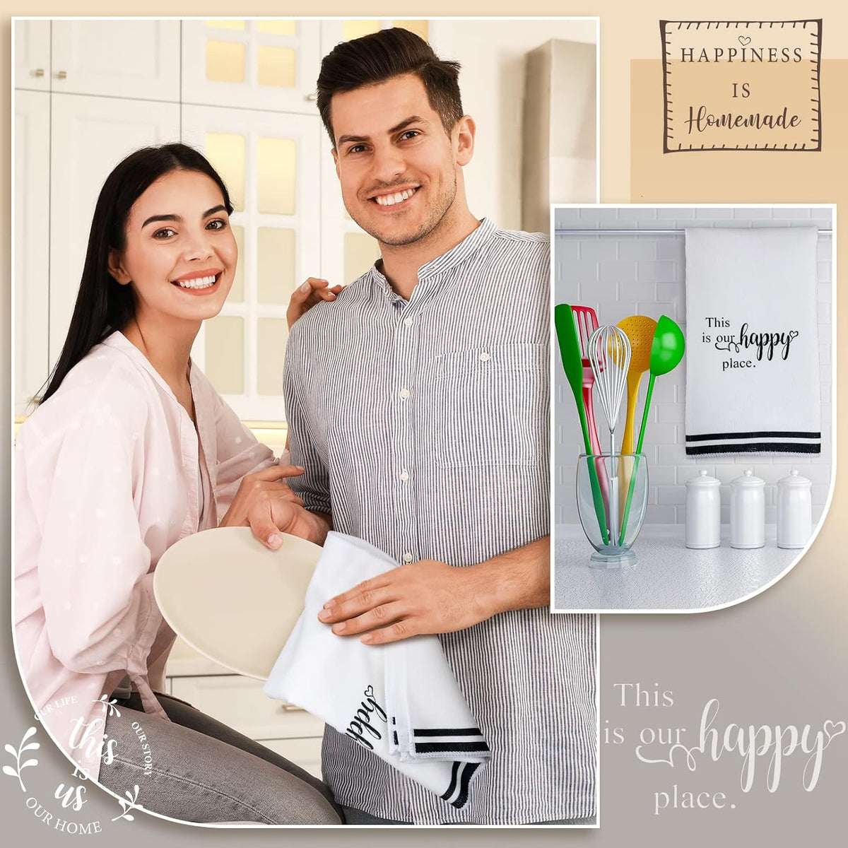 Honoson 4 Pack Black Stripe Kitchen Towels with Home Sweet Home Print