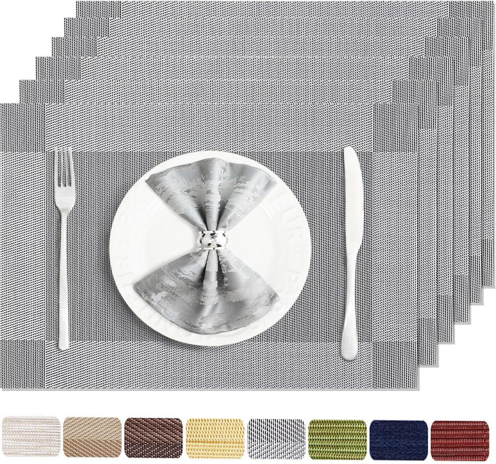 Silver Grey Vinyl Placemats Set of 6, Heat Resistant Table Placemats
