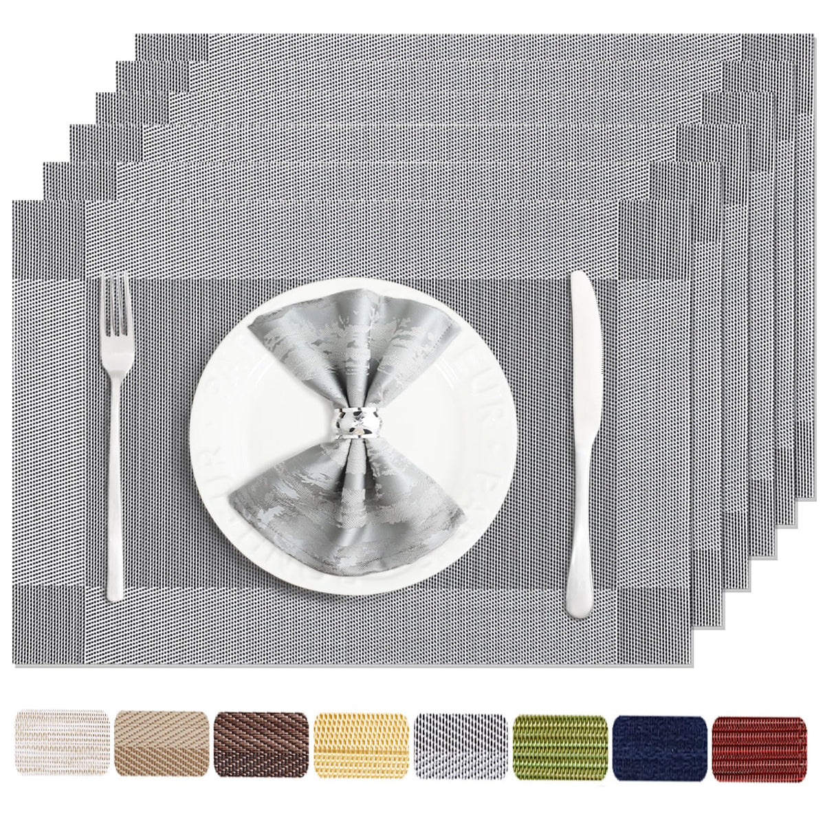 Silver Grey Vinyl Placemats Set of 6, Heat Resistant Table Placemats