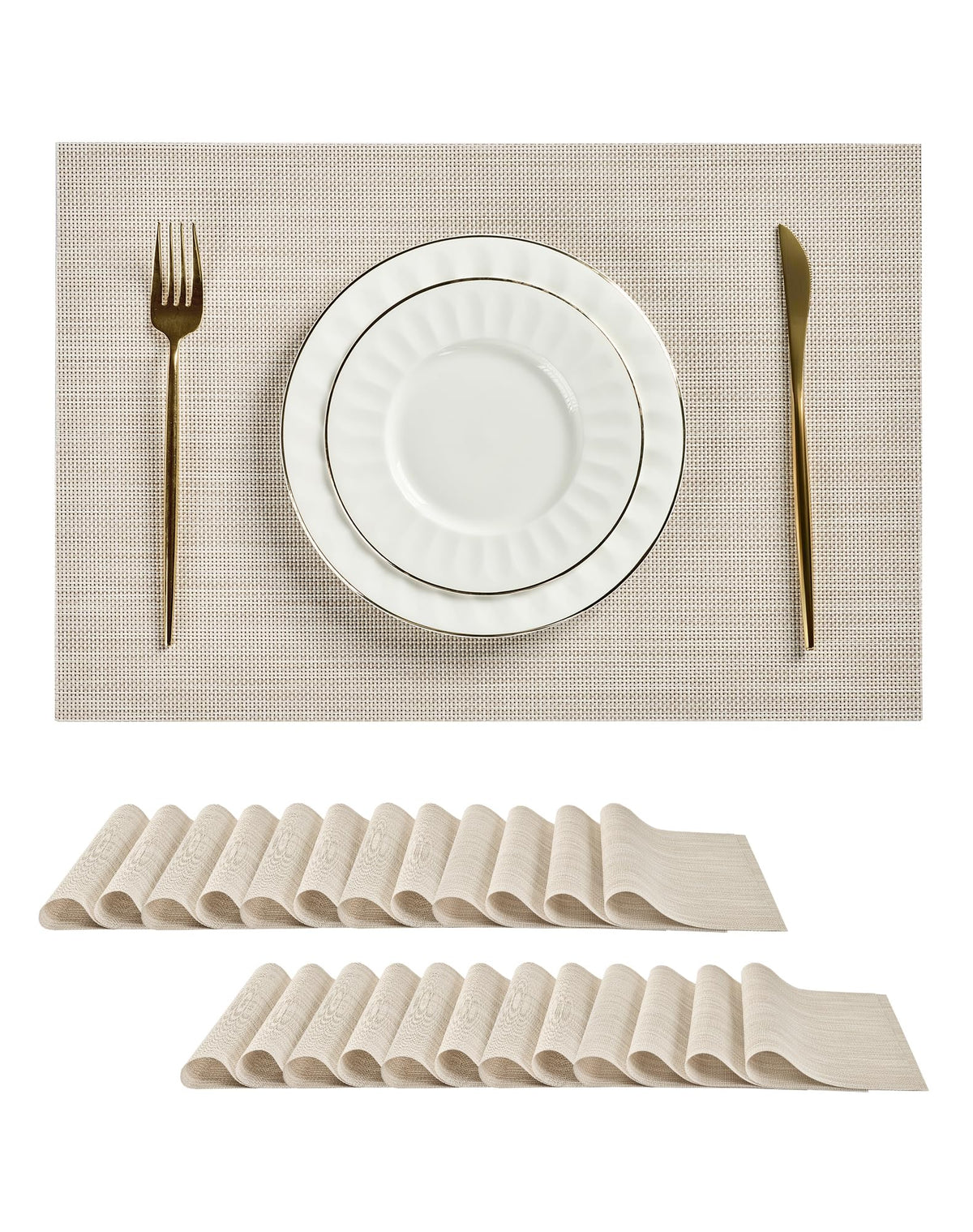 Beige Placemats Set of 6 - Heat-Resistant, Non-Slip Table Mats, Washable Woven Vinyl for Indoor & Outdoor Dining