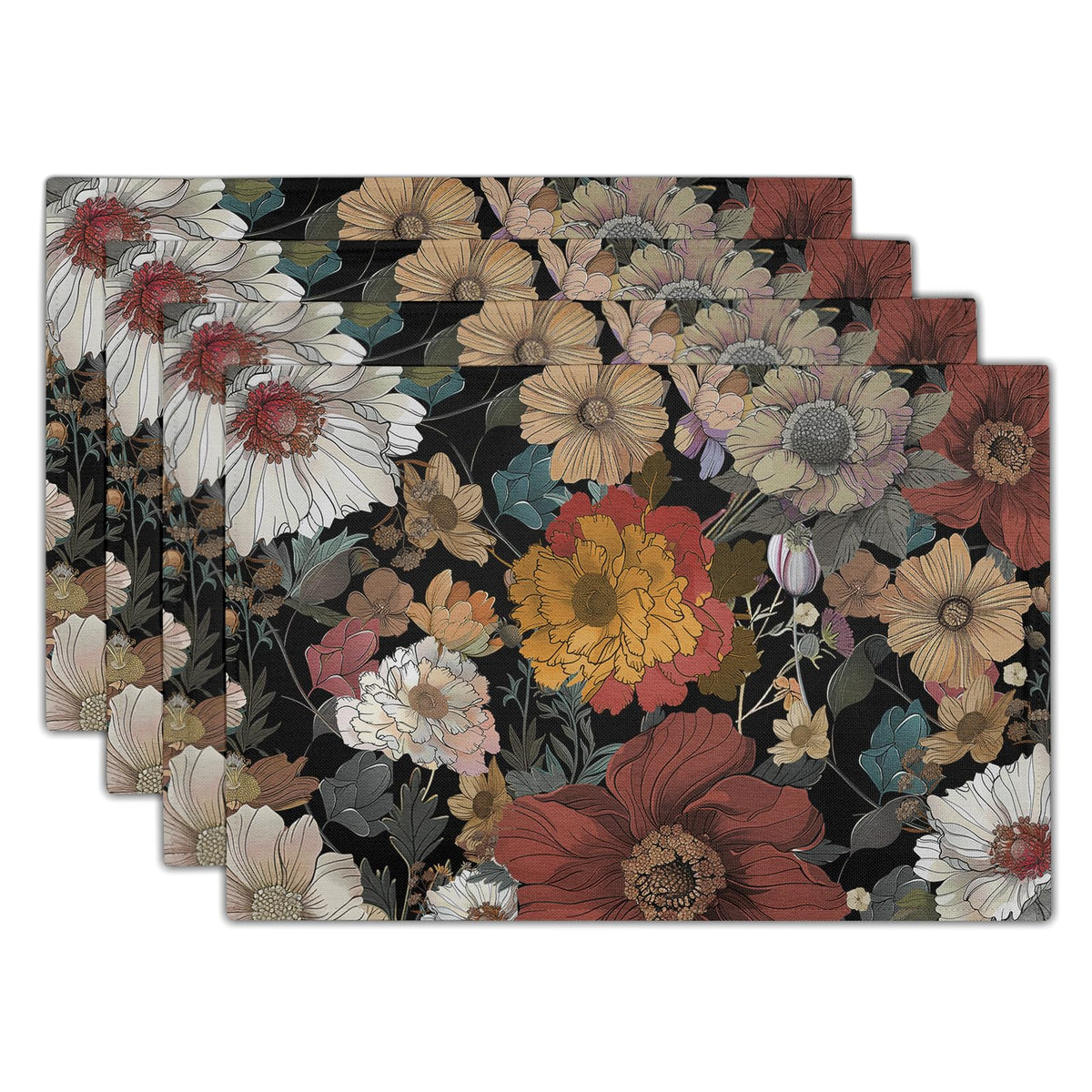Giwawa Boho Ethnic Placemats Set of 4 Vintage Orange Brown Retro Flower Decorative Linen Table Place Mats 12"x18" Rustic Country Style Floral Place Mats Heat Resistance for Kitchen Dining Farmhouse