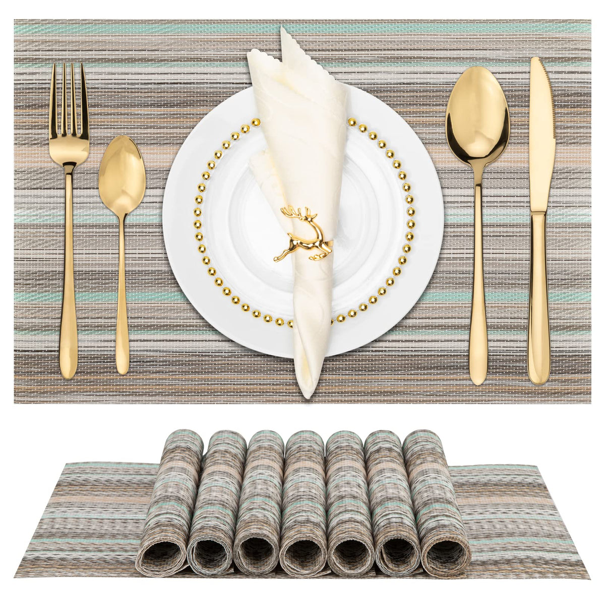 Winknowl Placemats Set of 8, Heat Resistant Non-Slip Vinyl Woven Table Mats for Dining Table, Washable Durable Elegant Place Mats for Kitchen Indoor/Outdoor Use (Beige Blue)