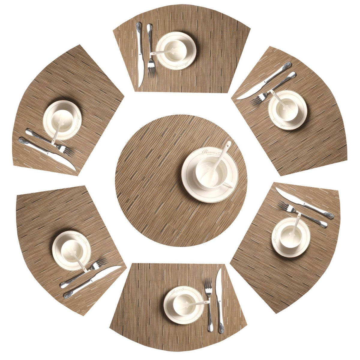 SHACOS Small Round Table Placemats Set of 5 Woven Vinyl Wedge Placemats with Centerpiece Round Table Mats Heat Resistant Wipe Clean (5, Black Gray)
