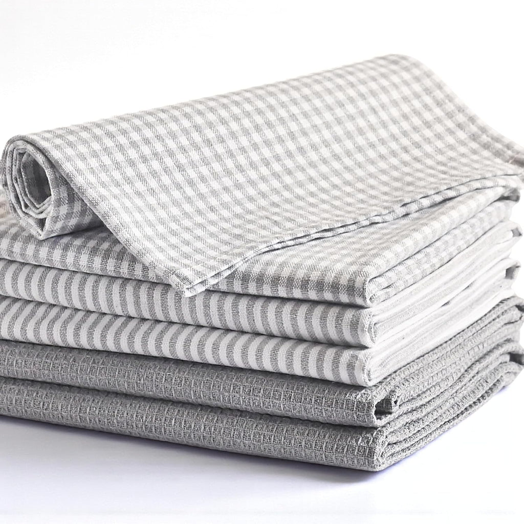 Cotton Dish Towels For Kitchen Drying - Highly Absorbent Light Gray Striped Gingham Plaid Tea Towels - 18"X28" Set Of 6 Farmhouse Linen Dishtowels In Bulk - Pano De Prato Para Cozinha - T Towles Towls