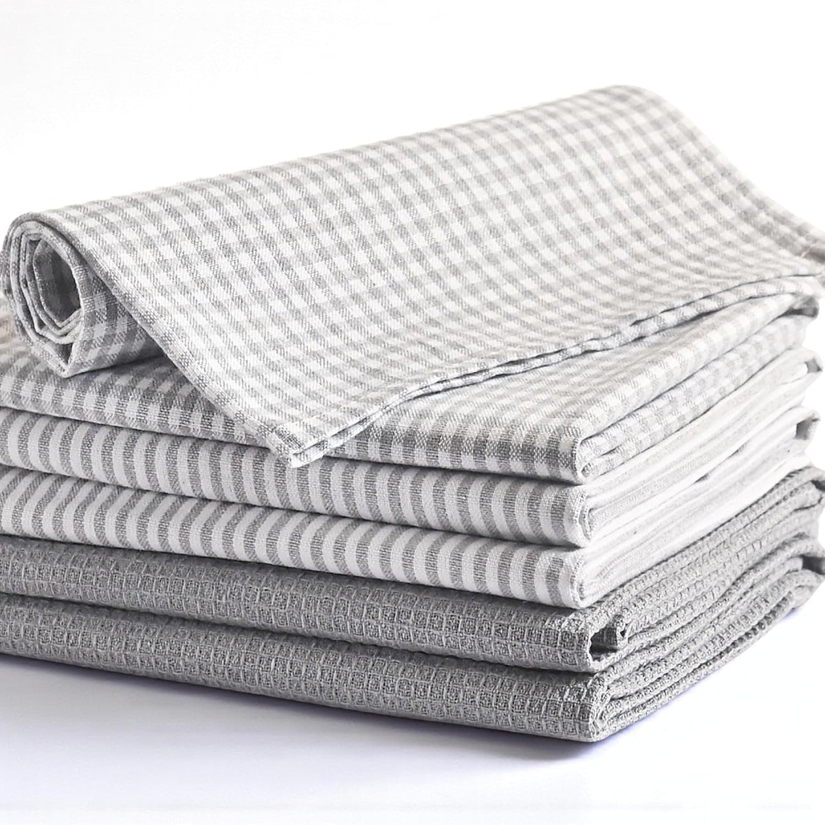 Cotton Dish Towels For Kitchen Drying - Highly Absorbent Light Gray Striped Gingham Plaid Tea Towels - 18"X28" Set Of 6 Farmhouse Linen Dishtowels In Bulk - Pano De Prato Para Cozinha - T Towles Towls