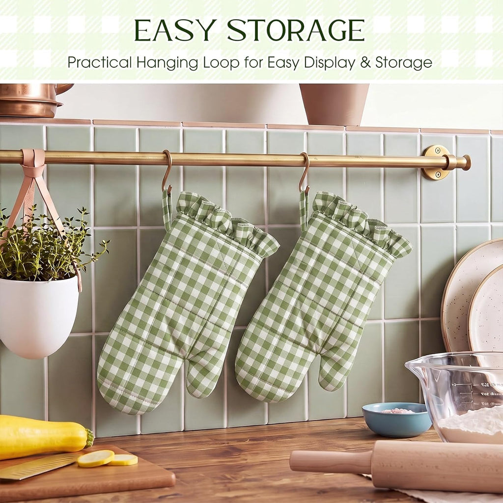 Twistover Ruffle Gingham Oven Mitts 2-Pack Set, Sage Green, 7"x13"