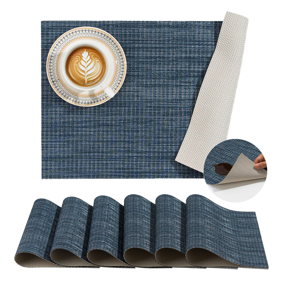 BACKTOEDEN Leakproof Placemats Set of 6, 2-Layer Waterproof placemat for No More Stains, Heat-Resistant Easy Clean Vinyl Table Place Mats for Kitchen Dining Indoor Outdoor, Beige