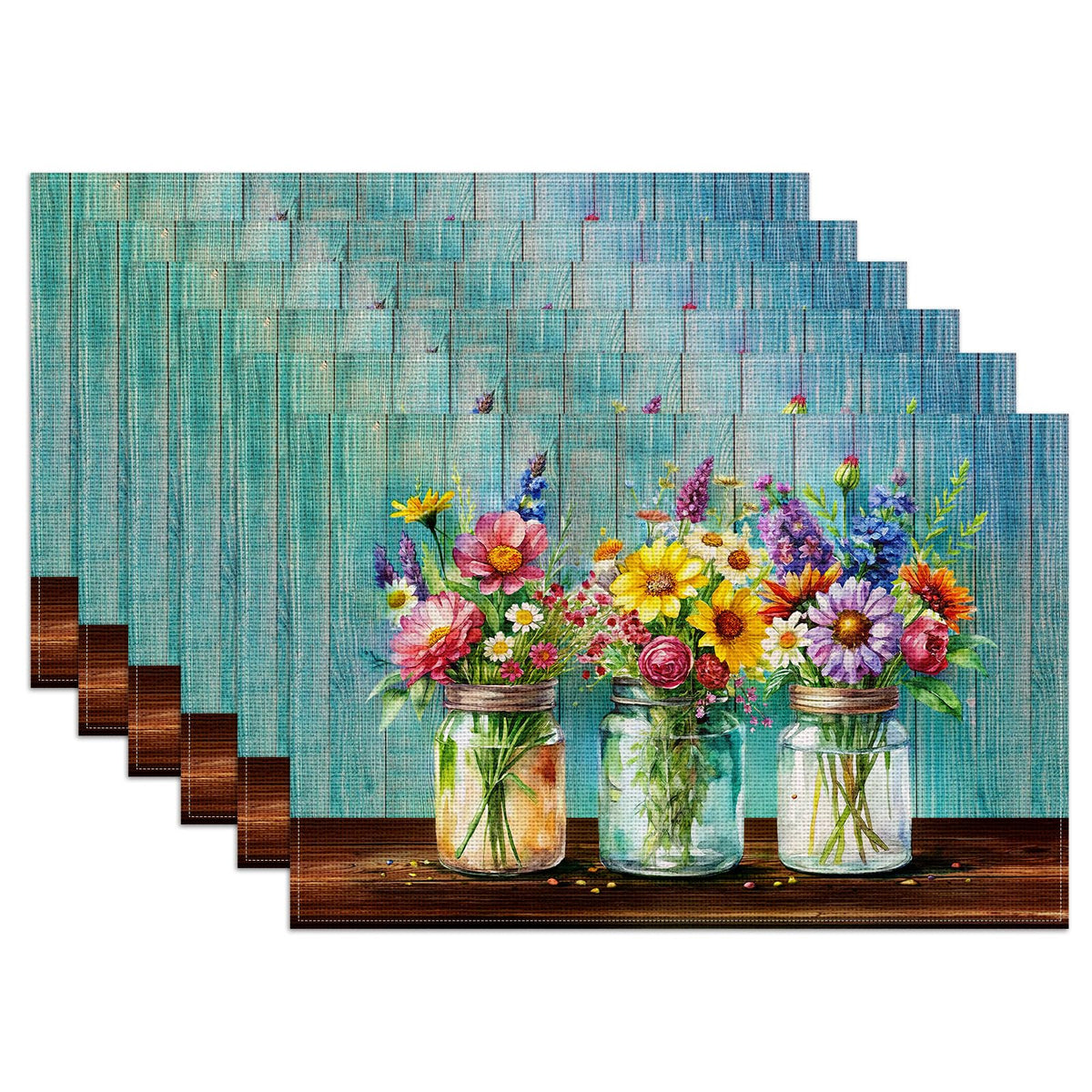 Blue White Floral Placemats Set of 6, Chinoiserie Flower Linen Place Mat Washable Stain Resistant Table Mats for Farmhouse Kitchen Dining 12x18 Inch