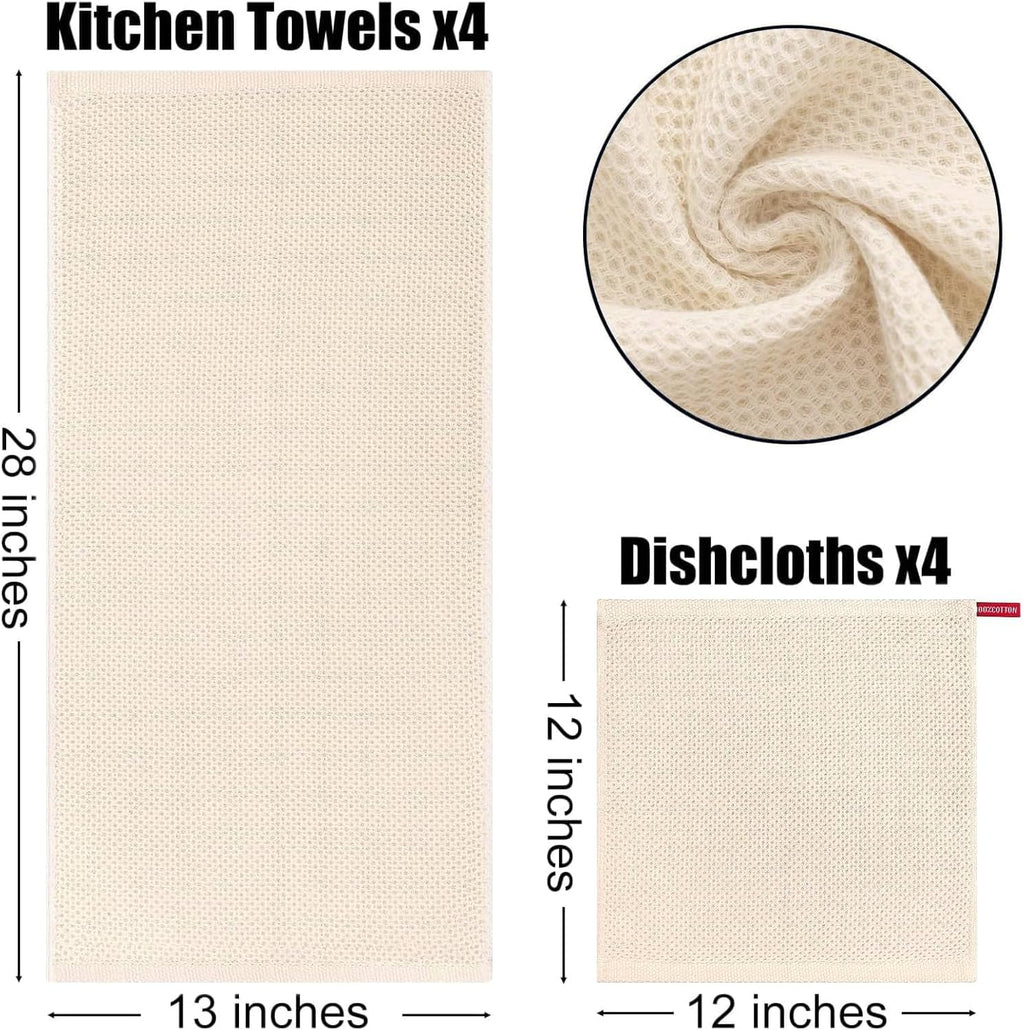 Kitinjoy 100% Cotton Kitchen Towels and Dishcloths Set, 8 Pack- Beige