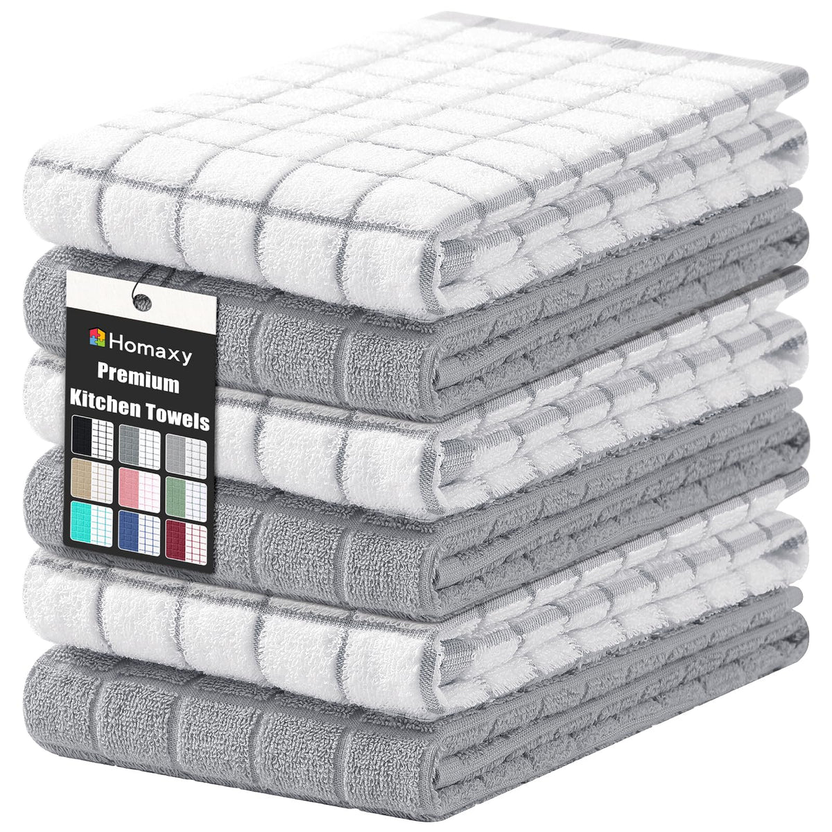 Homaxy Large Premium Cotton Kitchen Towels 16"x 28", 6 Pack, Grey