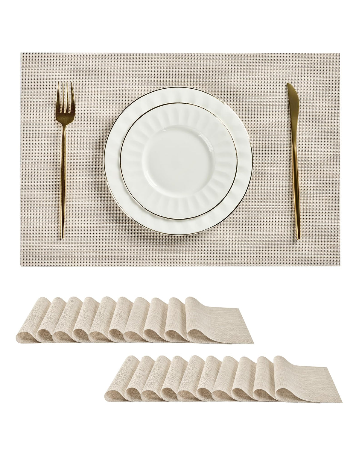Beige Placemats Set of 6 - Heat-Resistant, Non-Slip Table Mats, Washable Woven Vinyl for Indoor & Outdoor Dining