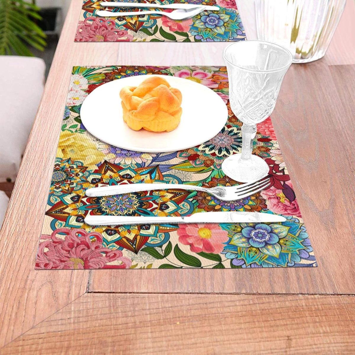 Boho Floral Placemats Set of 4, Colorful Dining Table Mats 12"x18"