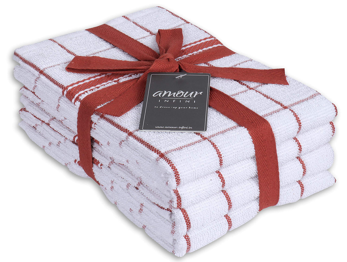 AMOUR INFINI Kitchen Towels Set of 4 - Highly Absorbent, Super Soft Terry Cotton 20x28 Inch Dish Towels with Hanging Loop - Hand & Tea Towels for Cleaning & Drying Dishes (Beige)