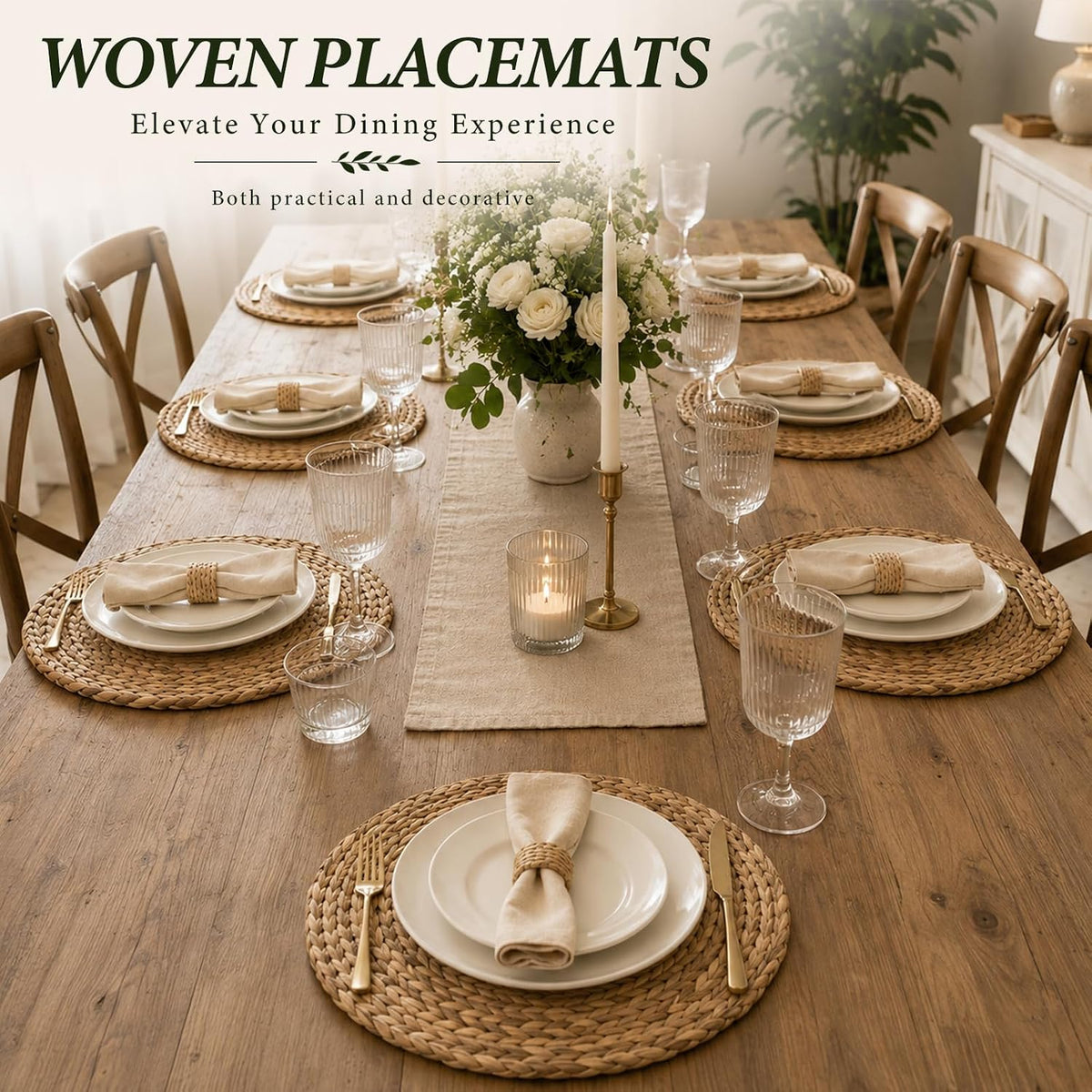8PCS -13 in Round Woven Placemats Plate Chargers, Boho Farmhouse Rustic Woven Place Mats for Kitchen Dining Party Table Decor, Rattan Wicker Table Mats Jute Braided Chargers for Dinner Plates