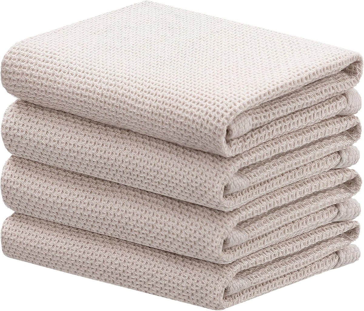 joybest Cotton Kitchen Towels, 4-Pack Waffle Weave Ultra Soft Absorbent Dish Towels Quick Drying Dish Cloths, 18 in x 28 in, Beige