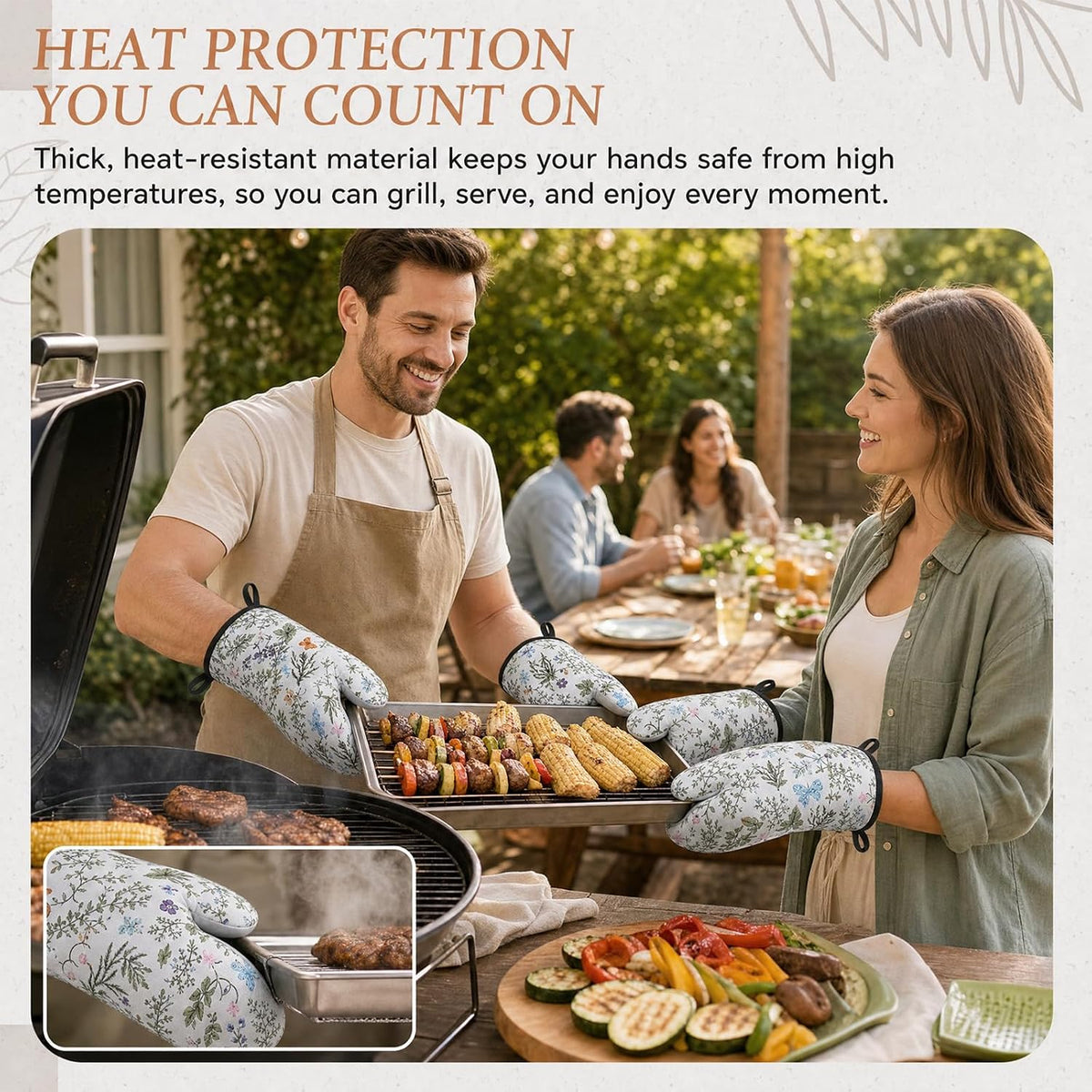 Zhehao 12 Pack Vintage Floral Oven Mitts and Pot Holders, 6 Pcs Non-Slip Heat Resistant Kitchen Oven Gloves, 6 Pcs Cute Botanic Wild Flowers Pads for Cooking Baking Grilling BBQ