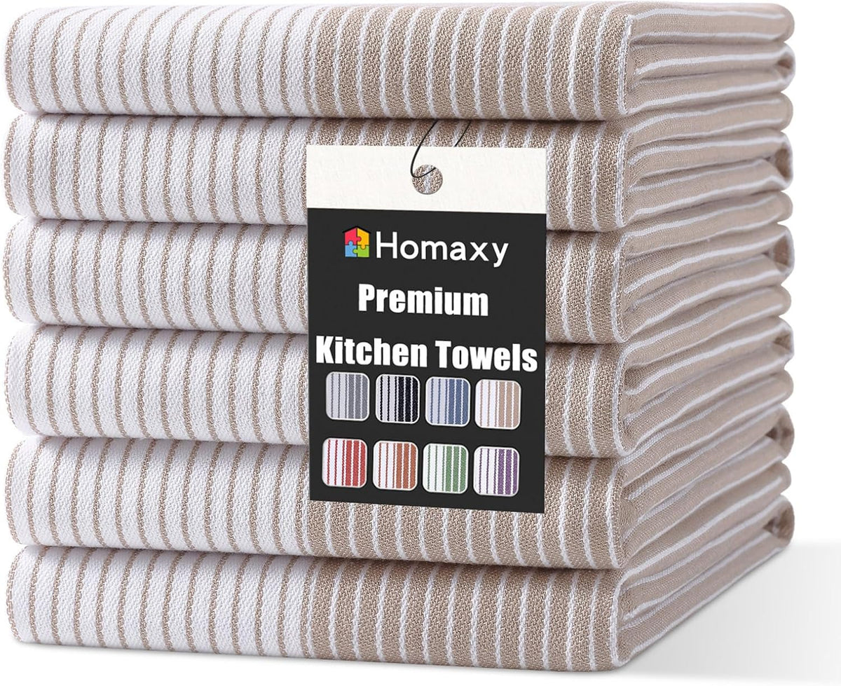 Homaxy Premium 100% Cotton Kitchen Towels 18"x28", 6 Pack, Khaki