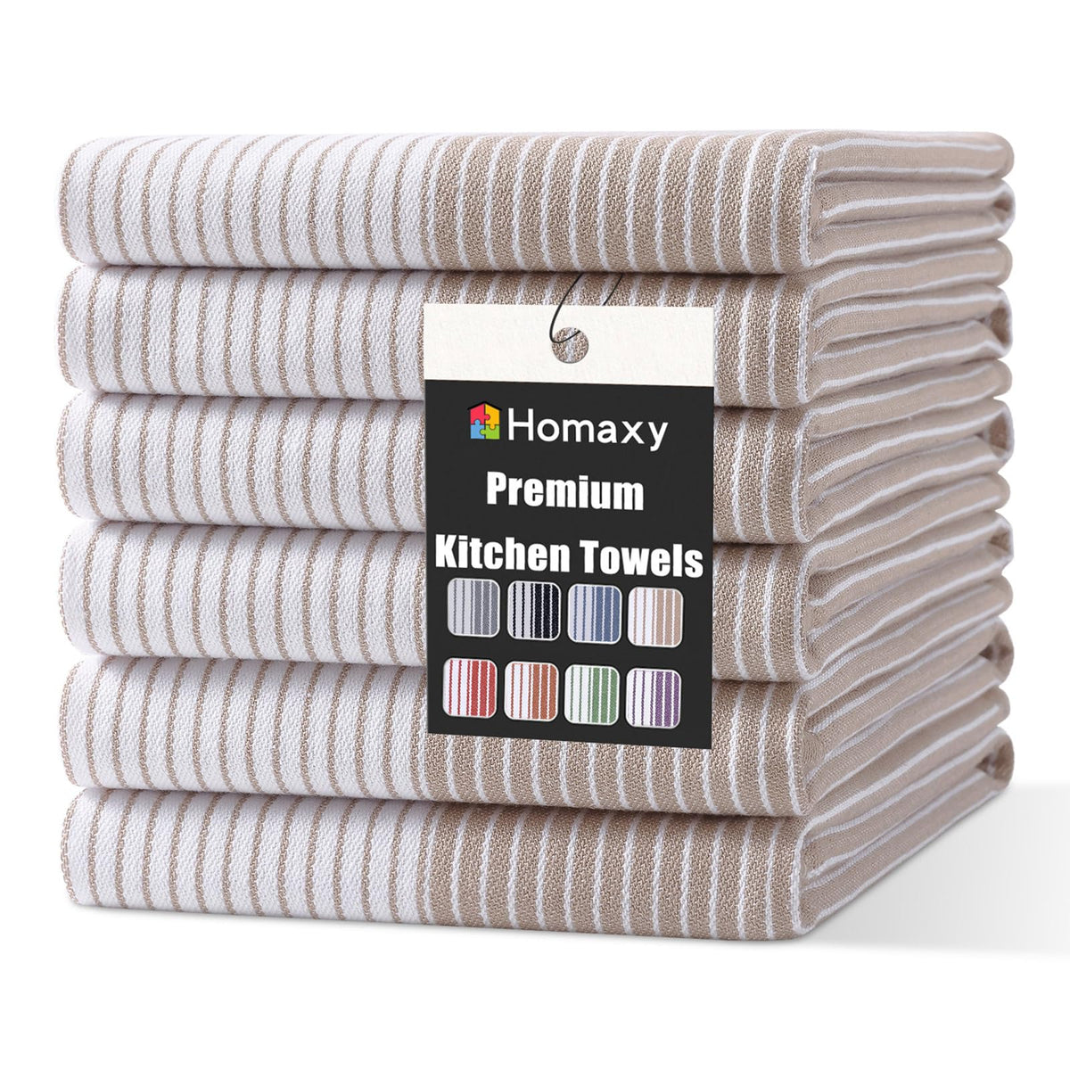 Homaxy Premium 100% Cotton Kitchen Towels 18"x28", 6 Pack, Khaki