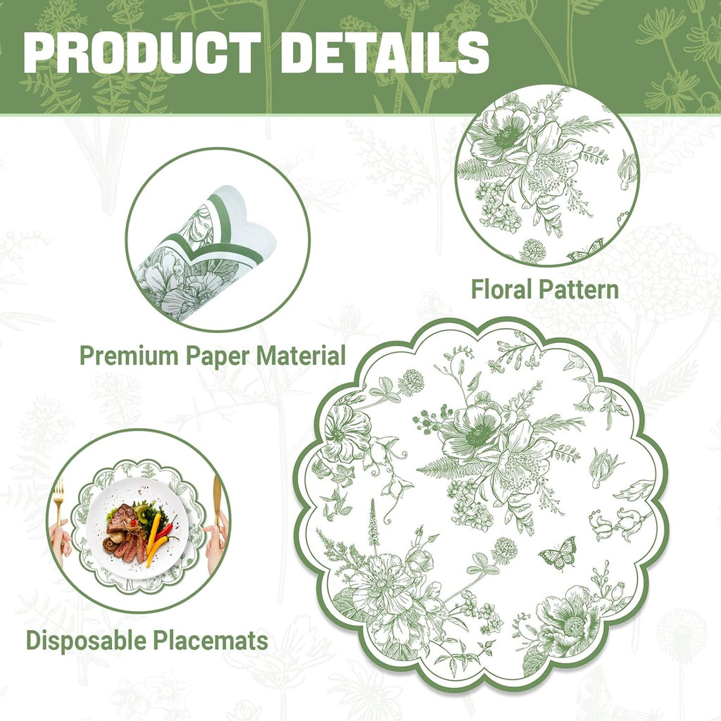 50 PCS Green Floral Paper Placemats, 13.5 Inch Paper Placemats Disposable with Butterfly and Flowers Print, for Decor Birthday Summer Wedding Wildflower Party, Banquet Table Settings
