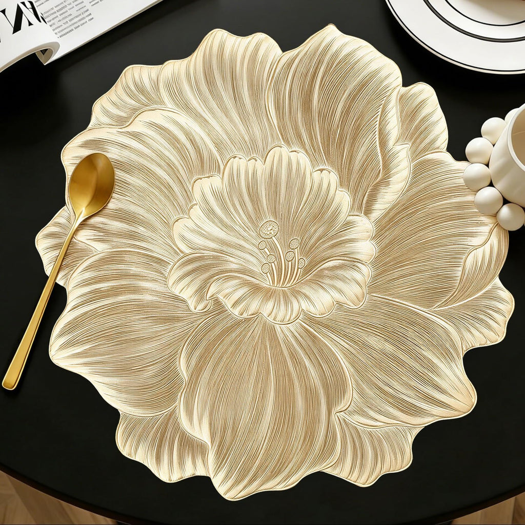 Quantum Love Camellia Gold Round Placemats Set of 6, 15 Inch PVC 3D Metallic Flower Table Mats, Wipeable Waterproof Non Slip Heat Resistant Placemats for Wedding Party Christmas Dining Table Decor