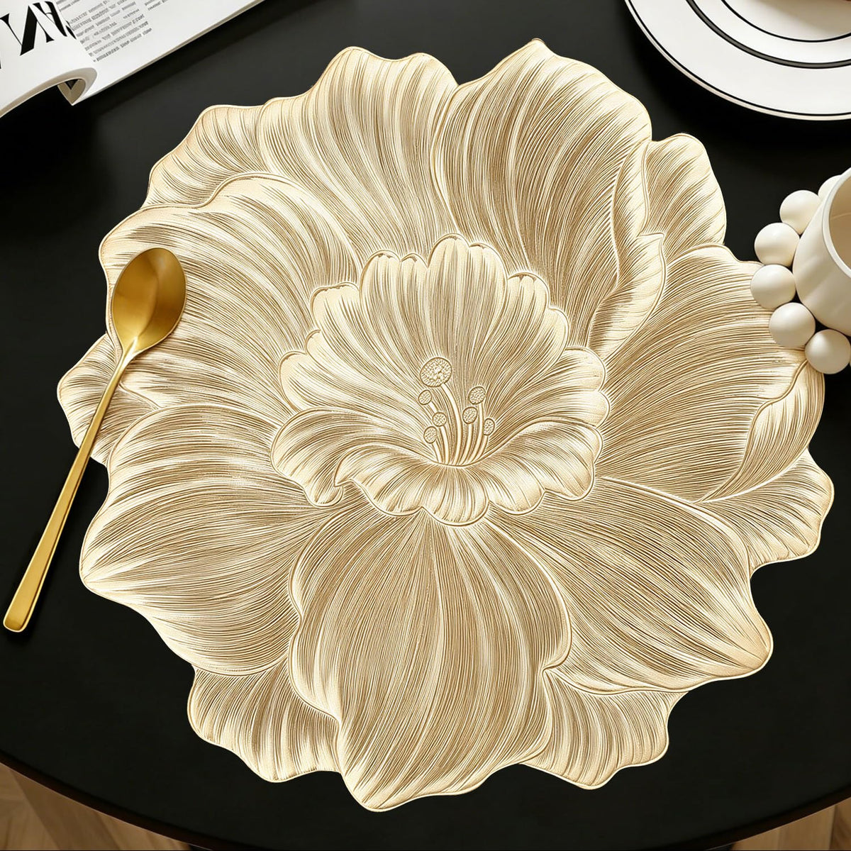 Quantum Love Camellia Gold Round Placemats Set of 6, 15 Inch PVC 3D Metallic Flower Table Mats, Wipeable Waterproof Non Slip Heat Resistant Placemats for Wedding Party Christmas Dining Table Decor