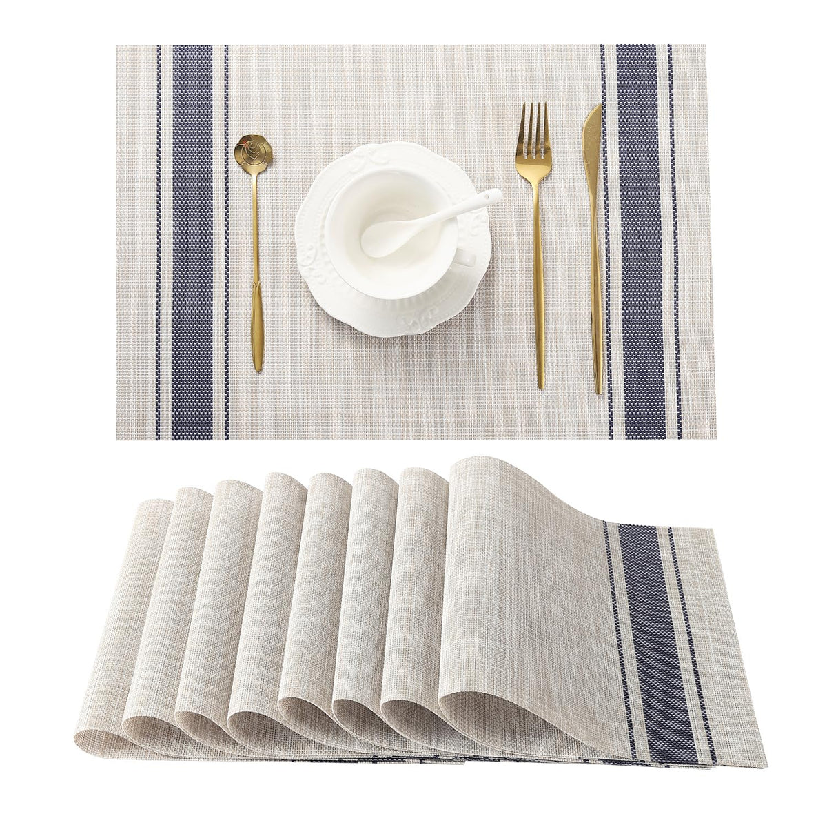 Beige Placemats Set of 6 - Heat-Resistant, Non-Slip Table Mats, Washable Woven Vinyl for Indoor & Outdoor Dining