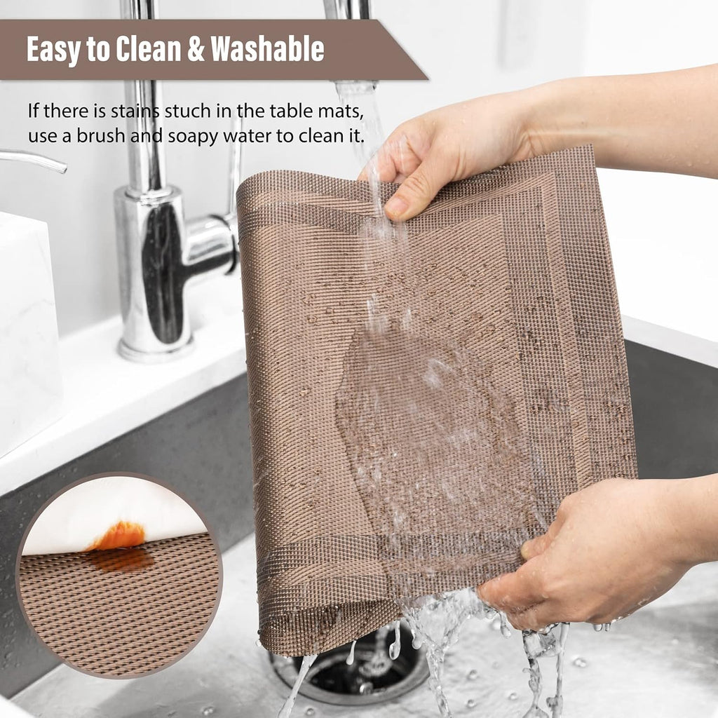 Winknowl Placemats Set of 4，Heat Resistant Woven Vinyl Washable PVC Place Mats，Non-Slip Stain Resistant Indoor/Outdoor Table Mats for Dining Table (Brown)