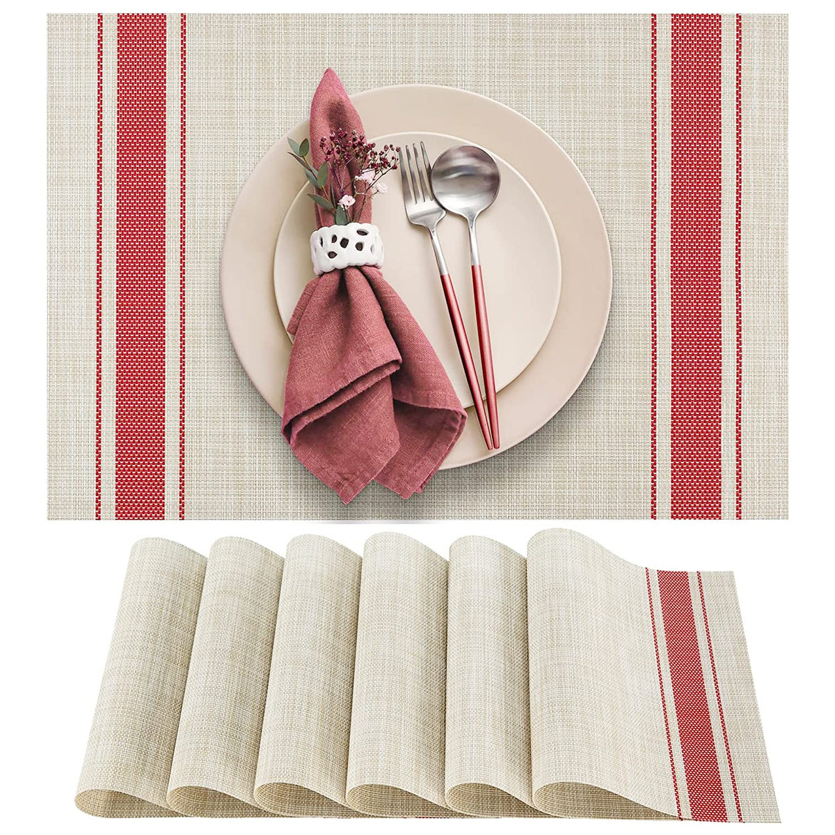 DACHUI Placemats Set of 6, Linen Look Woven Place Mats (Beige)