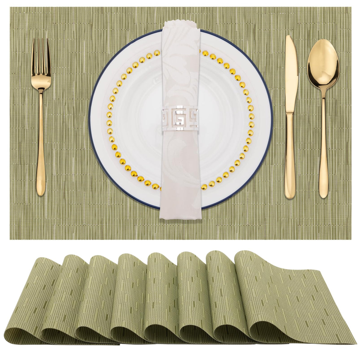 Winknowl Placemats Set of 8, Heat Resistant Non-Slip Vinyl Woven Table Mats for Dining Table, Washable Durable Elegant Place Mats for Kitchen Indoor/Outdoor Use (Beige Blue)
