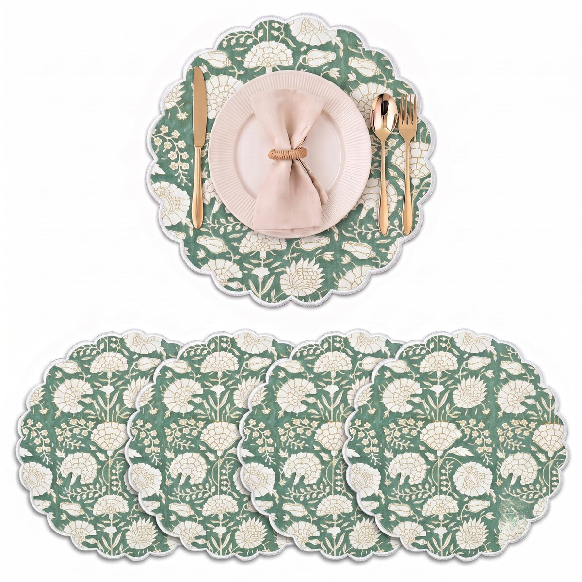 Ridhi Floral Block Print Round Placemats 15" in, Set of 4, Powder Blue