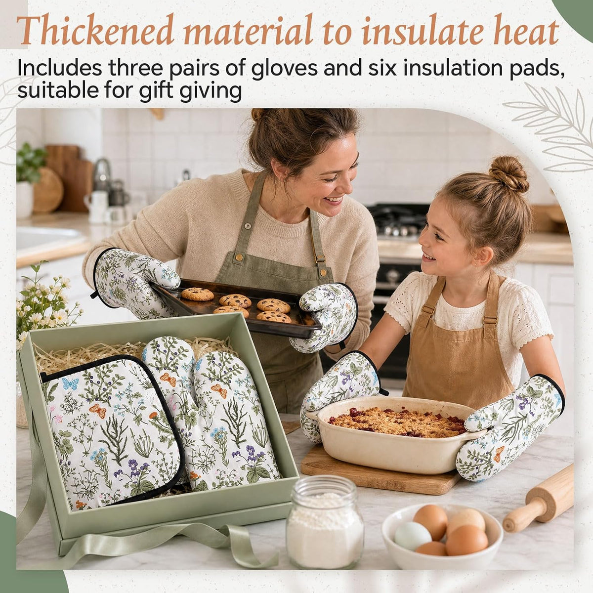 Zhehao 12 Pack Vintage Floral Oven Mitts and Pot Holders, 6 Pcs Non-Slip Heat Resistant Kitchen Oven Gloves, 6 Pcs Cute Botanic Wild Flowers Pads for Cooking Baking Grilling BBQ