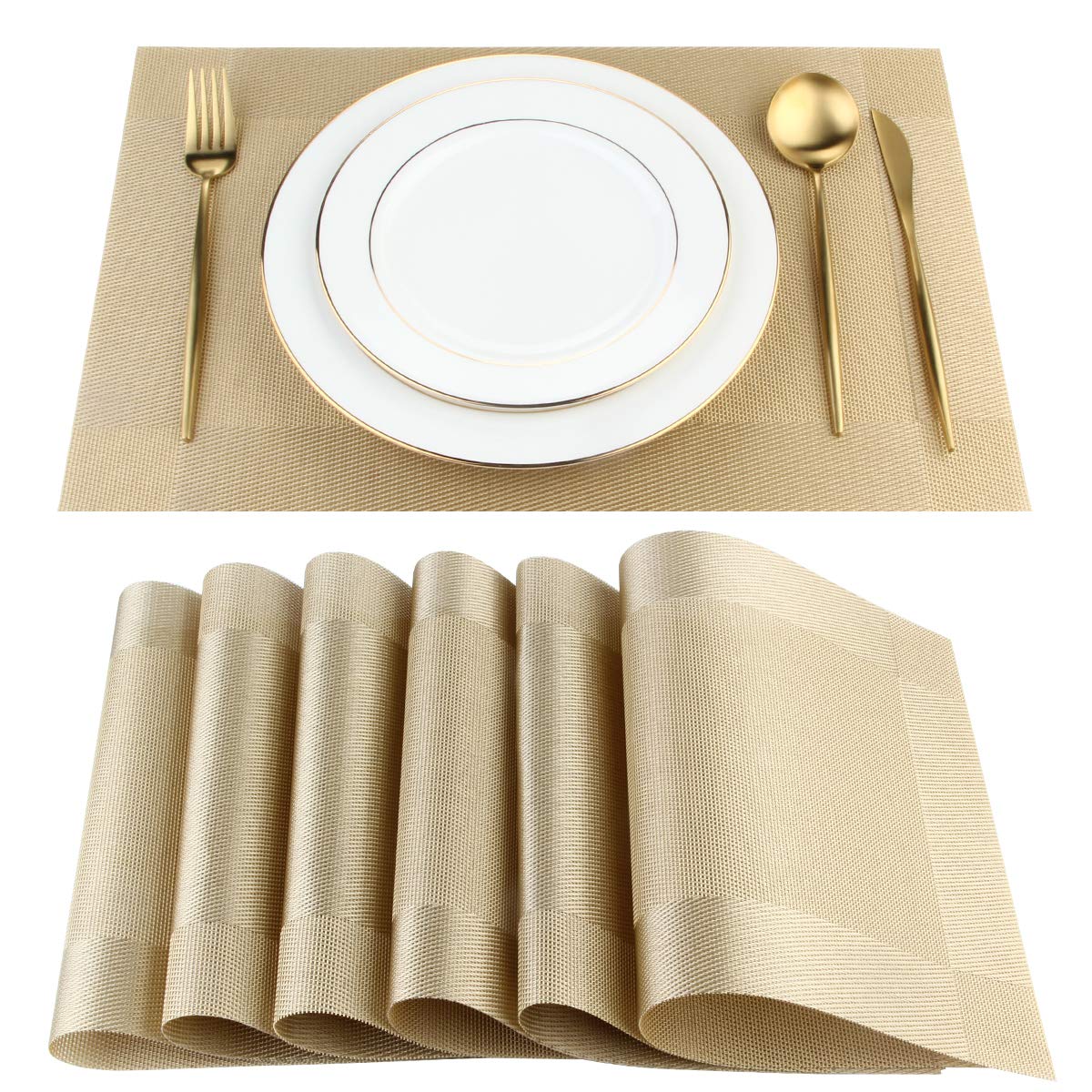 DACHUI Placemats Set of 6, Linen Look Woven Place Mats (Beige)