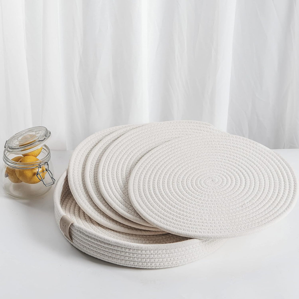 5-Piece Round Cotton Rope Placemats & Holder, Off White