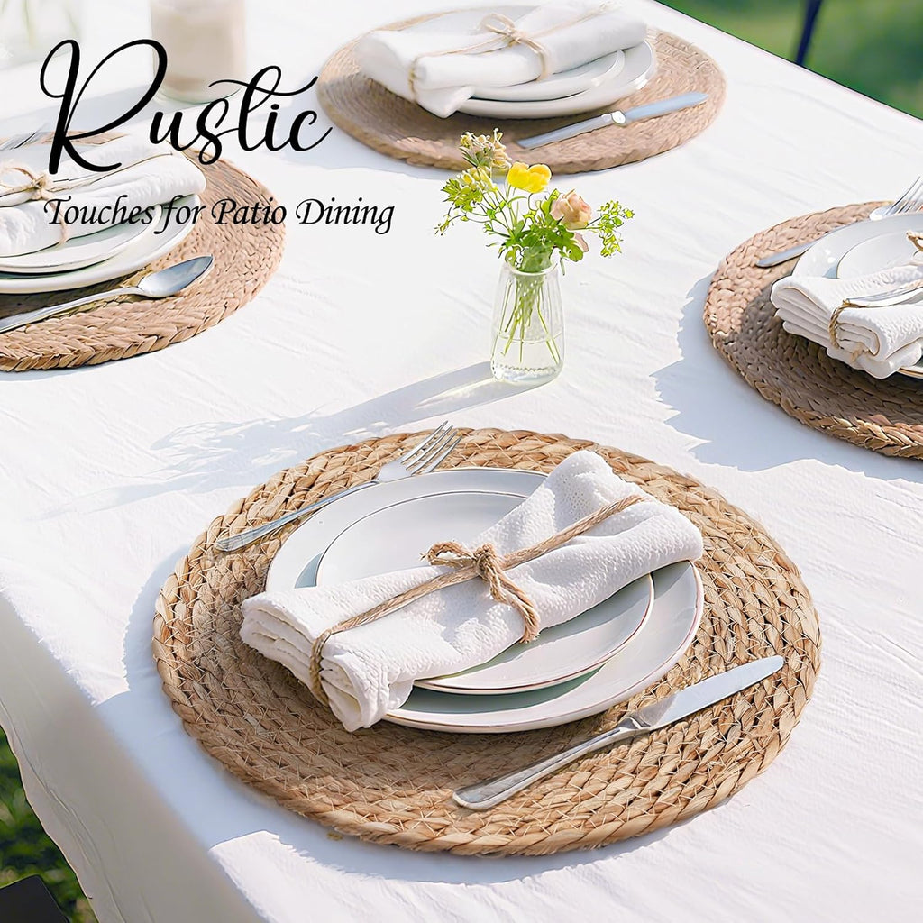 13" Round Placemats Set of 12, Rattan Place Mats for Dining Table Decor, Rustic Woven Wicker Chargers for Dinner Plates, Outdoor Patio, Farmhouse Wedding, Boho Water Hyacinth Braided Placemat