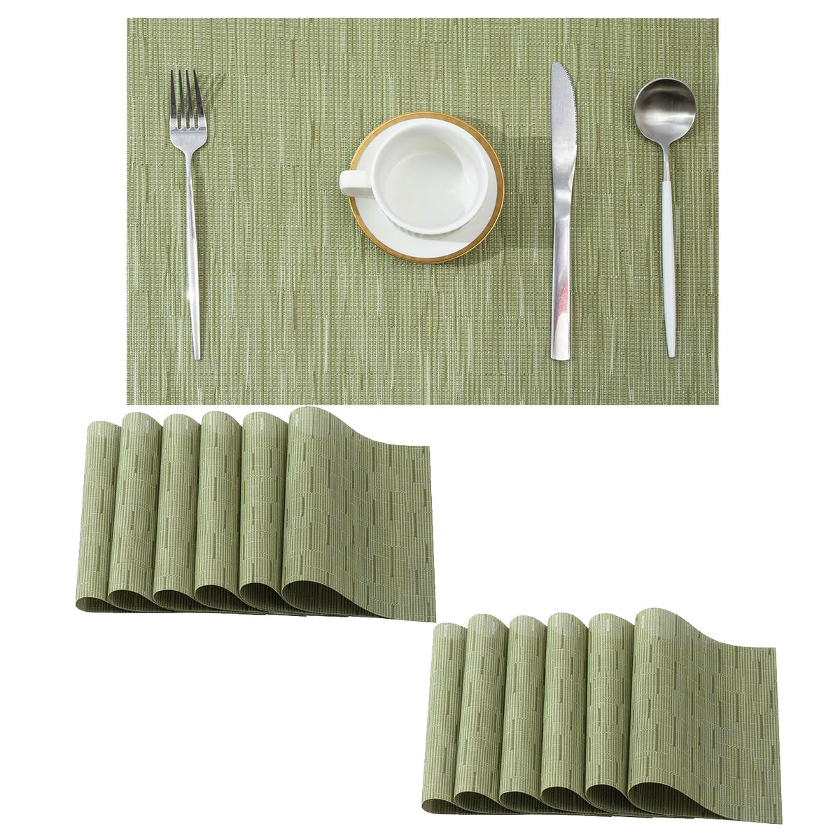 Beige Placemats Set of 6 - Heat-Resistant, Non-Slip Table Mats, Washable Woven Vinyl for Indoor & Outdoor Dining