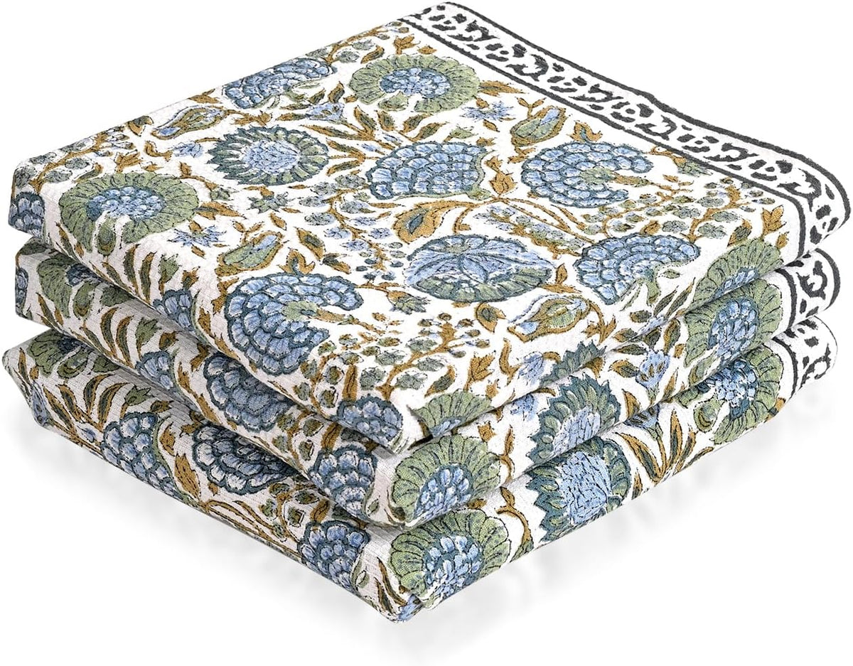 Ridhi Asparagus Green Hand Block Print Cotton Kitchen Towels, 16x28 Inch
