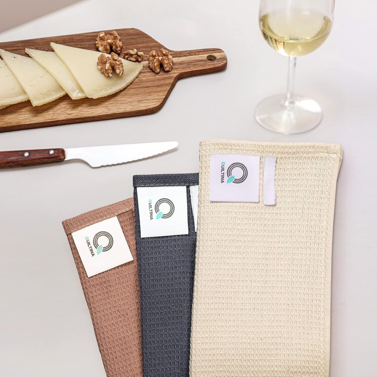 QUILTINA Dish Towels Set, 100% Cotton Waffle Weave Kitchen Towels 6 Pack, 17 x 25 Inches, Super Absorbent for Drying and Cleaning, Beige, Brown, Dark Grey
