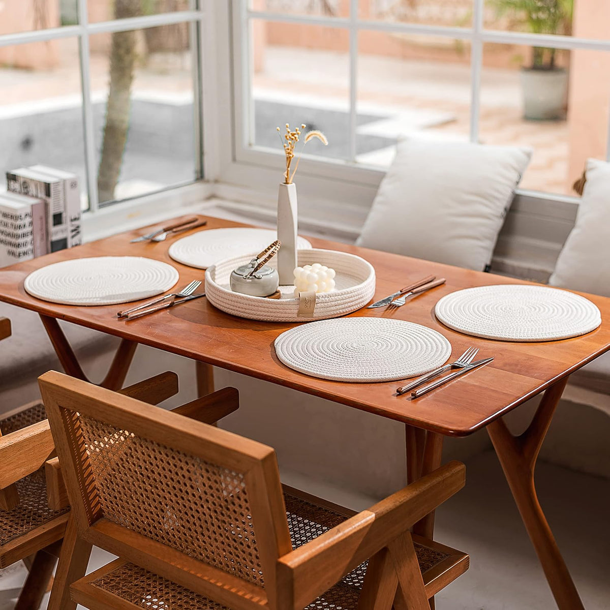 5-Piece Round Cotton Rope Placemats & Holder, Off White