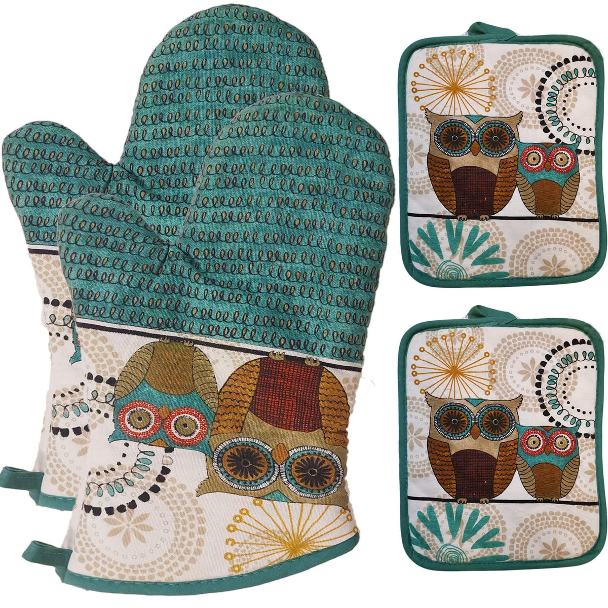 Oven Mitts and Pot Holders Sets, Funny Kitchen Oven Mitts Heat Resistant of 500 Degrees, Pure Cotton Hot Pads and Oven Mitts Sets for Baking,Cooking,BBQ Grilling-White Cat(4Pcs Set)