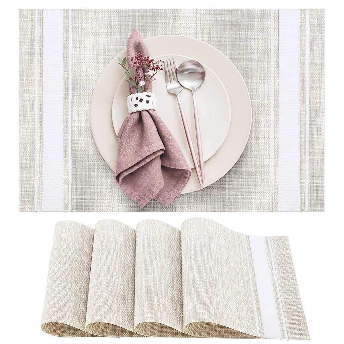 DACHUI Placemats Set of 6, Linen Look Woven Place Mats (Beige)