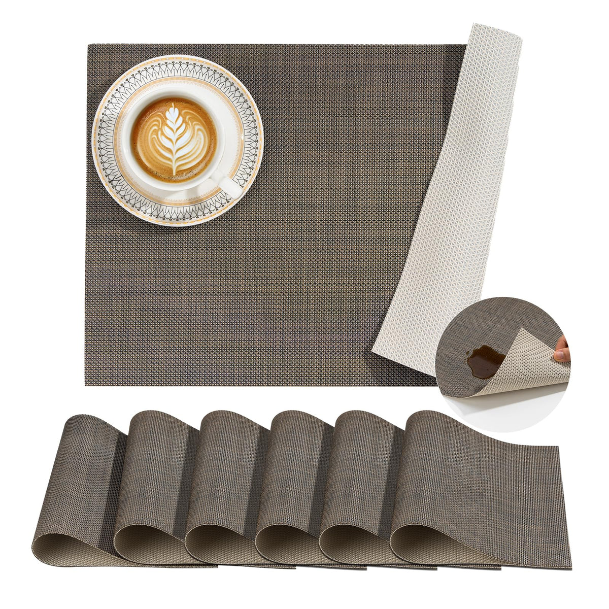 BACKTOEDEN Leakproof Placemats Set of 6, 2-Layer Waterproof placemat for No More Stains, Heat-Resistant Easy Clean Vinyl Table Place Mats for Kitchen Dining Indoor Outdoor, Beige