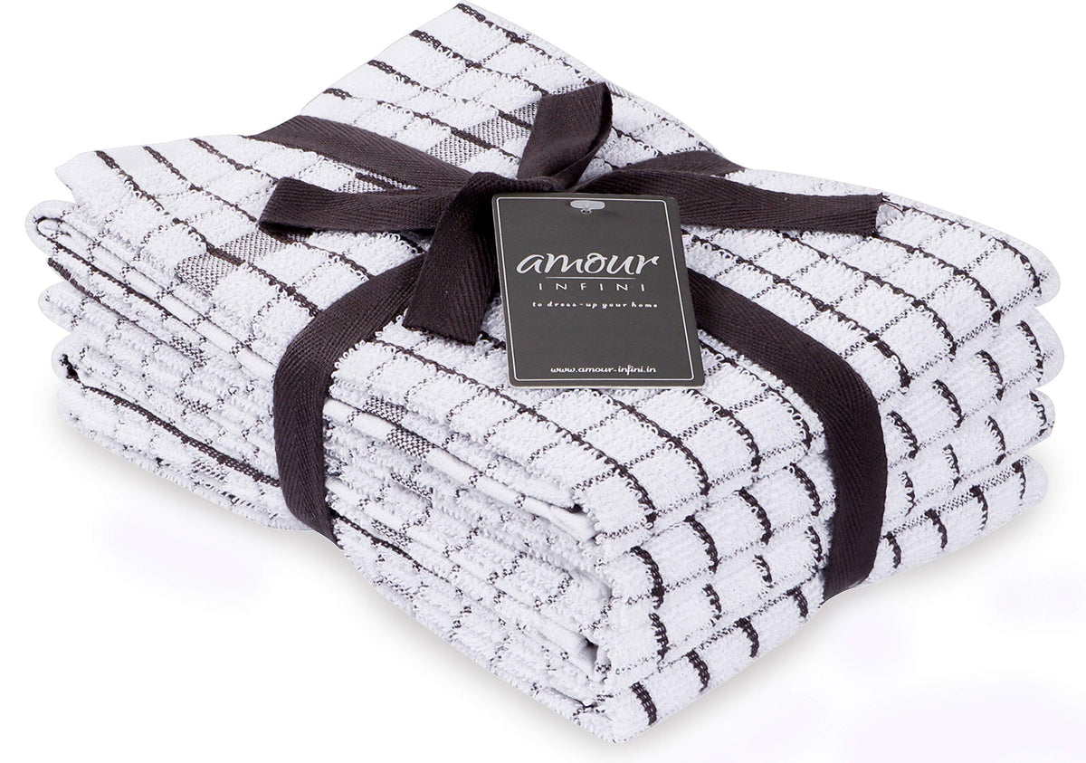 AMOUR INFINI Kitchen Towels Set of 4 - Highly Absorbent, Super Soft Terry Cotton 20x28 Inch Dish Towels with Hanging Loop - Hand & Tea Towels for Cleaning & Drying Dishes (Beige)