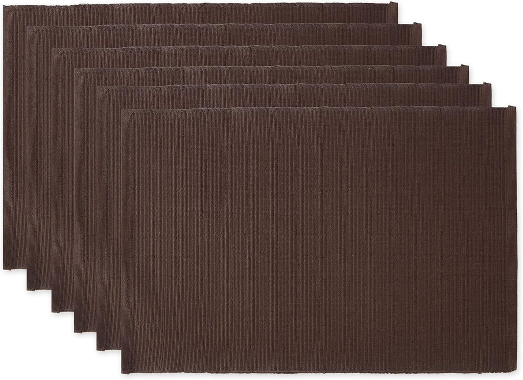 DII Basic Everyday Ribbed Tabletop 100% Cotton, Placemat Set, 13x19, Dark Brown, 6 Piece