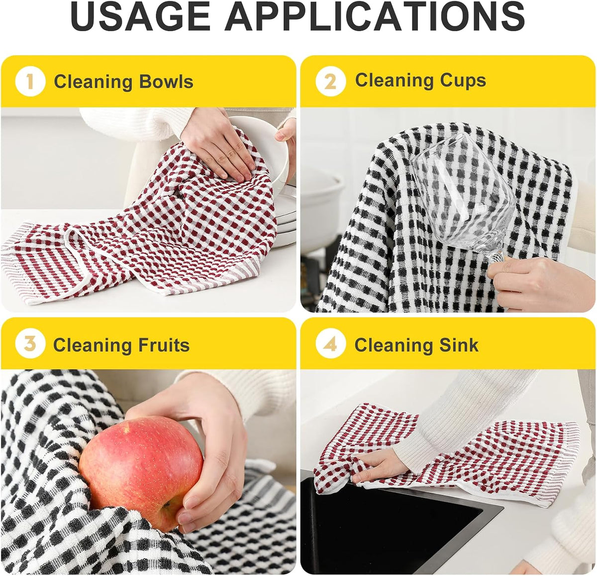 SALAS Cotton Dish Towels Cloths for Kitchen Drying Dishes, Lattice Terry Kitchen Towels, Absorbent Cloths with Hanging Loop, 16‘’ x 26‘’, 4 Packs, Wine Red and Black