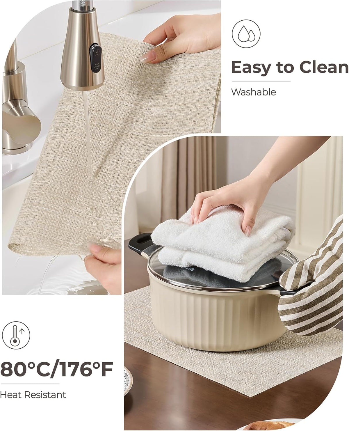 Beige Placemats Set of 6 - Heat-Resistant, Non-Slip Table Mats, Washable Woven Vinyl for Indoor & Outdoor Dining