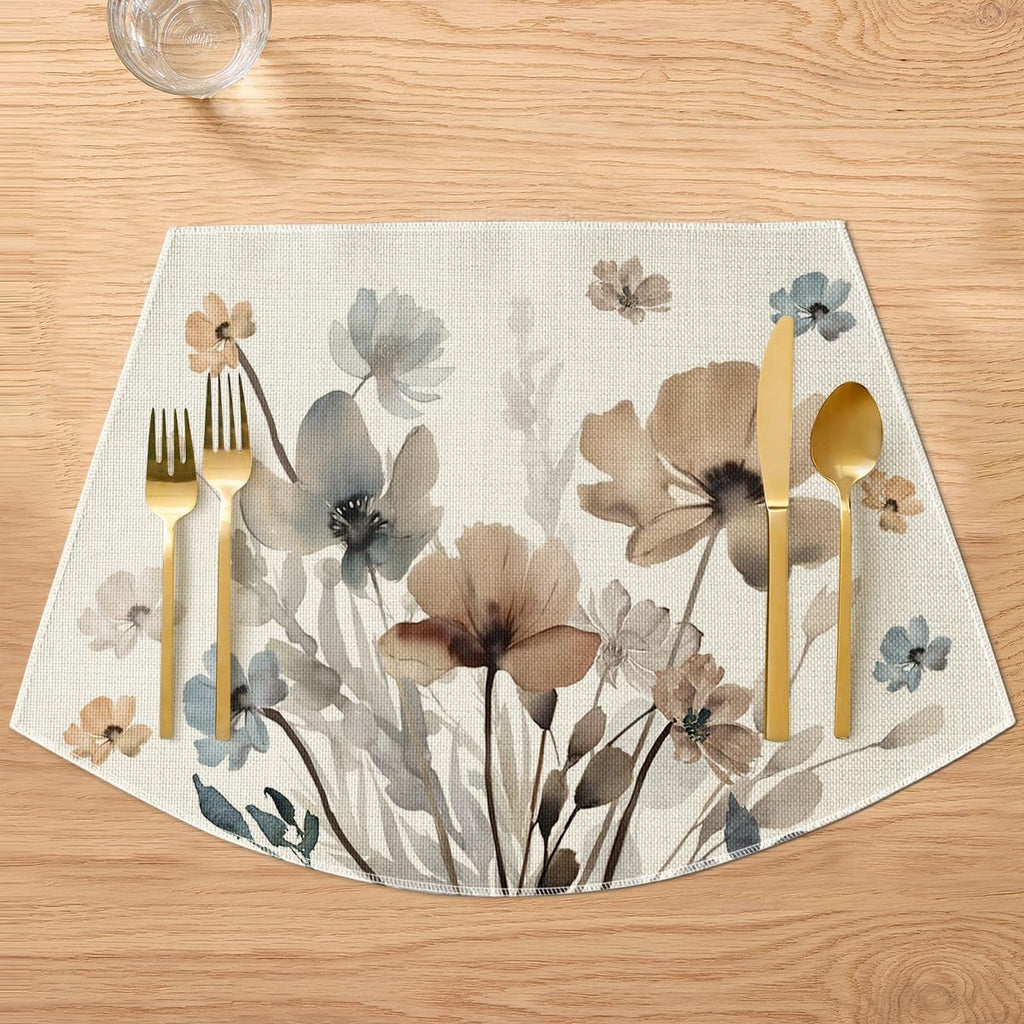 Artoid Mode Brown Poppy Floral Round Table Wedge Placemats Set of 4, Seasonal Kitchen Dining Table Decoration for Indoor Party Home