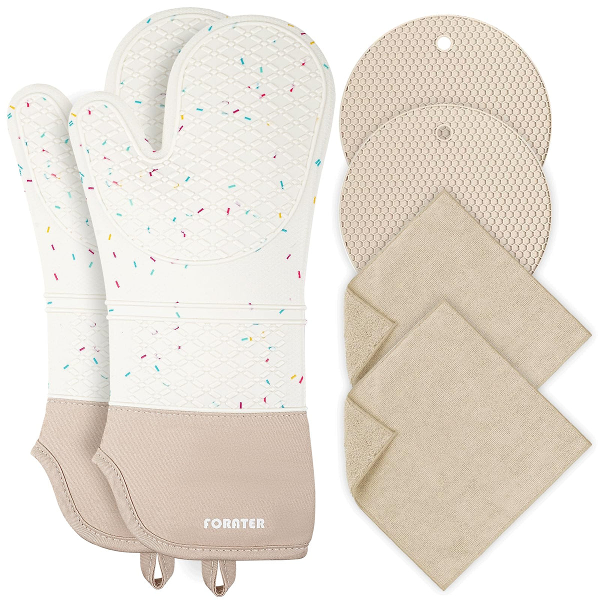 Extra Long Silicone Oven Mitts - Heat Resistant up to 500°F, 15'' Waterproof and Non-Slip Oven Gloves with Soft Quilted Liner - Perfect for BBQ, Cooking, Baking, and Grilling - 1 Pair, White